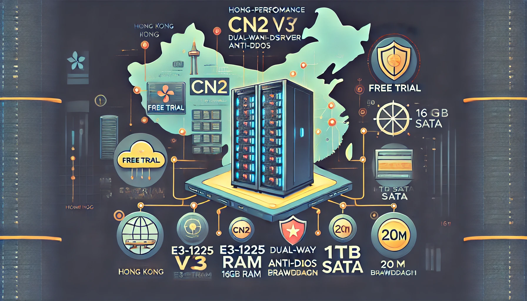 香港CN2专线服务器:香港双向CN2高防(促销),CPU:E3-1225 V3（4核）,内存:16G, 硬盘:,宽带:20M独享,IP:1个仅1500元/月